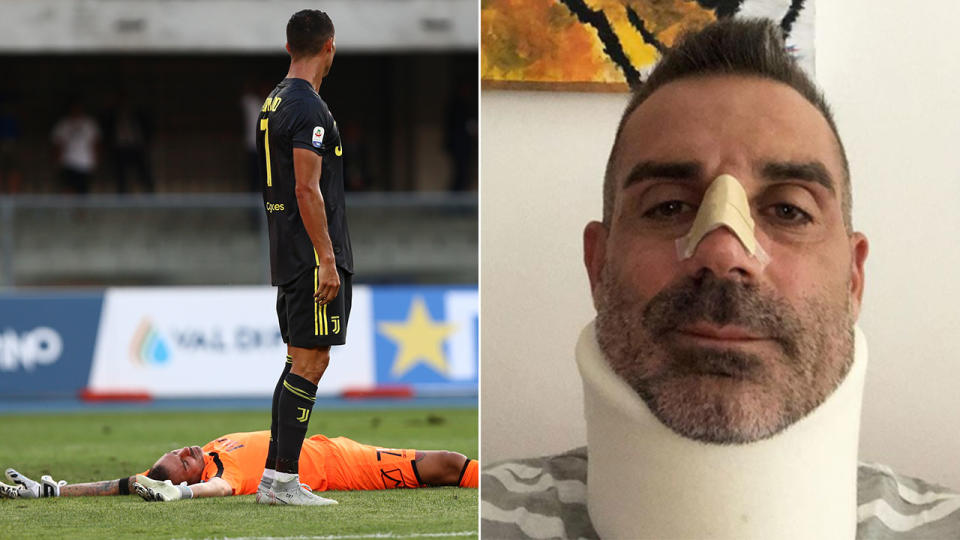 Ronaldo has been slammed by Stefano Sorrentino’s partner for his response to the goalkeeper’s injury. Pic: Getty/@steffanosorrentino