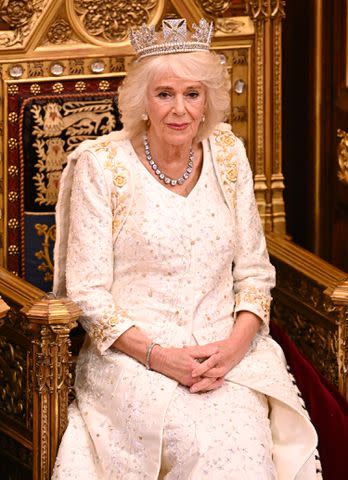 <p>Leon Neal/Getty Images</p> Queen Camilla wears the Diamond Diadem for the first time at the State Opening of Parliament on Nov. 7, 2023