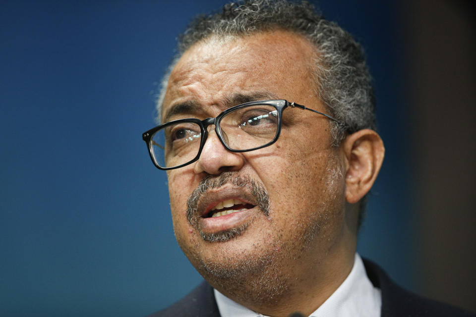 FILE - The head of the World Health Organization, Tedros Adhanom Ghebreyesus speaks during a media conference at an EU Africa summit in Brussels on Feb. 18, 2022. On Friday, Aug. 12, 2022, The Associated Press reported on stories circulating online incorrectly claiming that a video shows World Health Organization Director-General Tedros Adhanom Ghebreyesus saying he isn’t vaccinated against COVID-19. The clip is from a documentary and shows part of an interview, filmed weeks after Ghebreyesus was vaccinated, in which he says at one point that he waited for better global vaccine equity before receiving his own shot. (Johanna Geron/Pool Photo via AP, File)