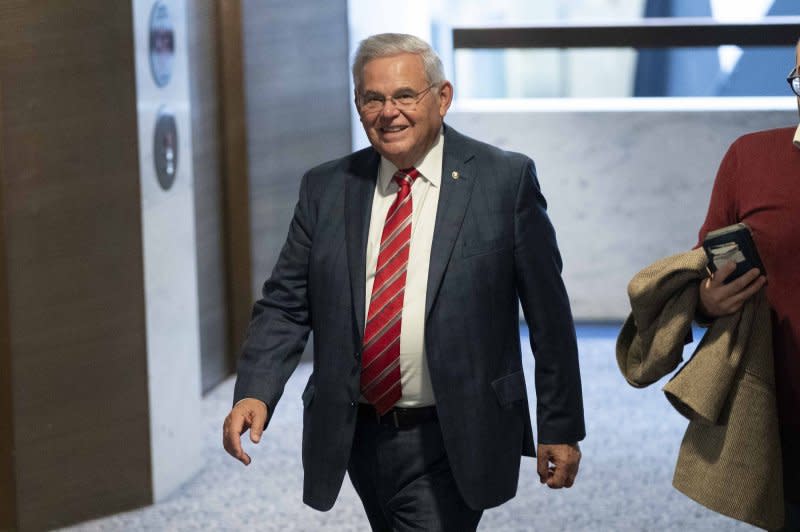 Sen. Bob Menendez, D-N.J., returns to his office at the U.S. Capitol on September 28, a day after being arraigned on federal bribery charges in New York City. File Photo by Bonnie Cash/UPI
