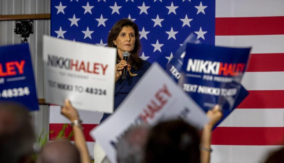 Nikki Haley speaks to home-town supporters during a campaign rally at The Grove in Lexington County on Thursday, April 06, 2023.