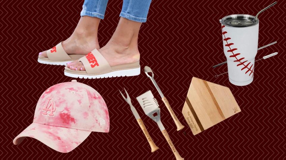 Photo collage of baseball cap, sandals, thermal mug and barbecue tools