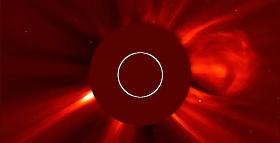 The third coronal mass ejection in two days erupted off the sun in the direction of Mercury on April 21, 2013, at 12:39 p.m. EDT (1639 GMT). This image of the CME, shown shooting off the right side of the image, was capture by the joint ESA and