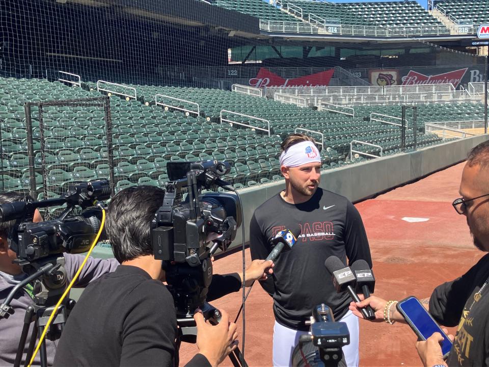 El Paso Chihuahuas infielder Matthew Batten does interviews during the team's media day Wednesday at Southwest University Park