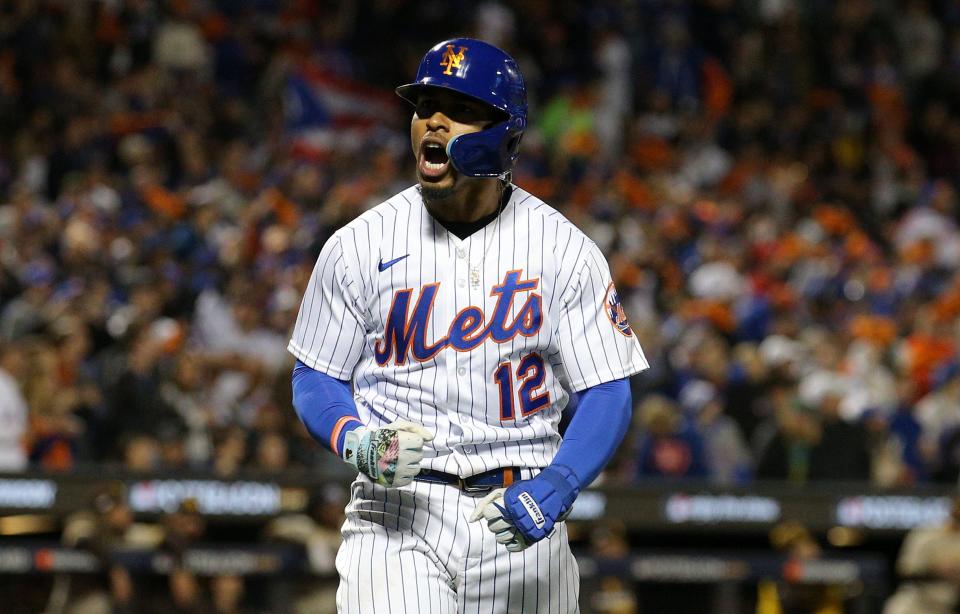 Game 2: Mets shortstop Francisco Lindor reacts after hitting a solo home run in the first inning.