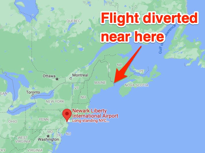 Map of where United Airlines Flight 90 was diverted.