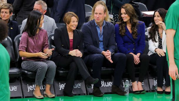 PHOTO: Mayor of Boston Michelle Wu, Governor-elect Maura Healey, Britain's Prince William, Catherine, Princess of Wales and Emilia Fazzalari wife of Celtics owner Wyc Grousebeack, attend the Boston Celtics and Miami Heat game in Boston, Nov. 30, 2022. (Brian Snyder/Reuters)