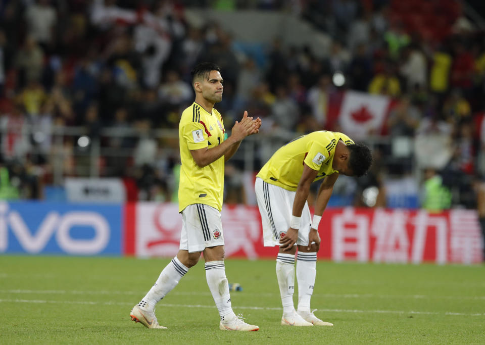 <p>Radamel Falcao is dejected following Colombia’s loss. </p>