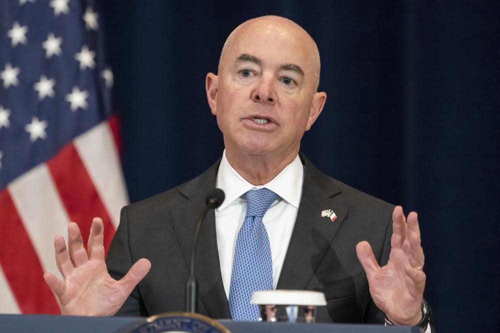 Homeland Security Secretary Alejandro Mayorkas speaks during a news conference during the U.S.-Mexico High-Level Security Dialogue, at the State Department, Thursday, Oct. 13, 2022, in Washington. (AP Photo/Alex Brandon)