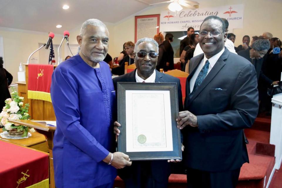 From left: Former Macon Mayor C. Jack Ellis, the Rev. Cleveland Jarrell and the Rev. Henry Ficklin celebrated New Howard Chapel Missionary Baptist Church’s 150th anniversary last Sunday.