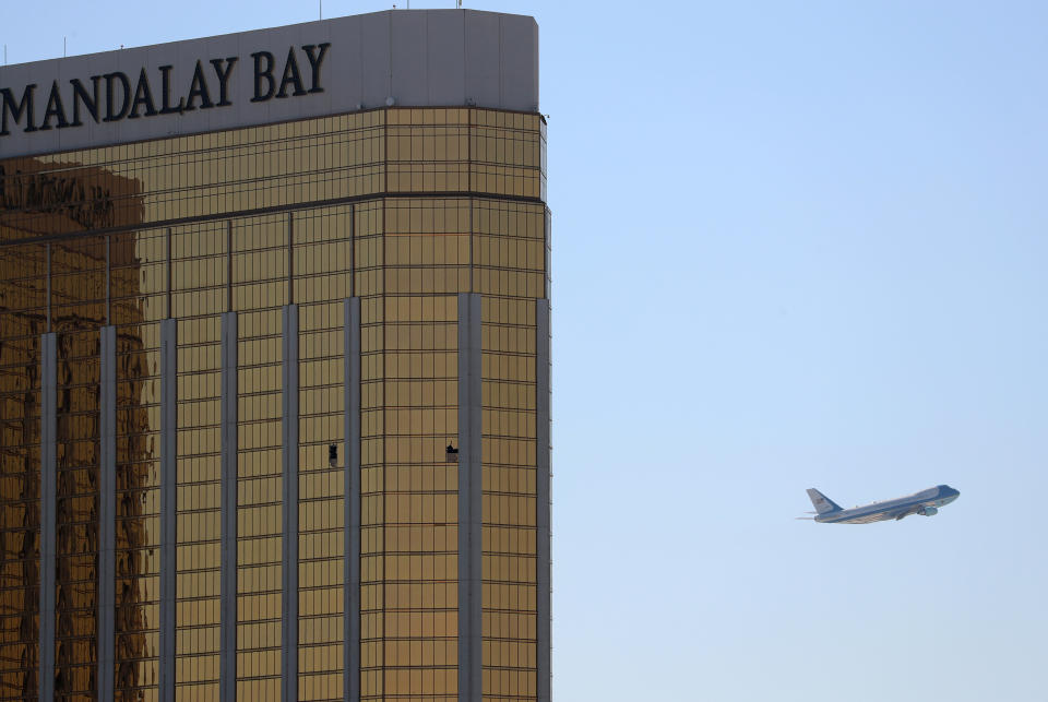 Broken windows are seen from outside the Mandalay Bay Hotel in Las Vegas, where Stephen Paddock carried out the mass shooting in October. (Photo: Mike Blake / Reuters)