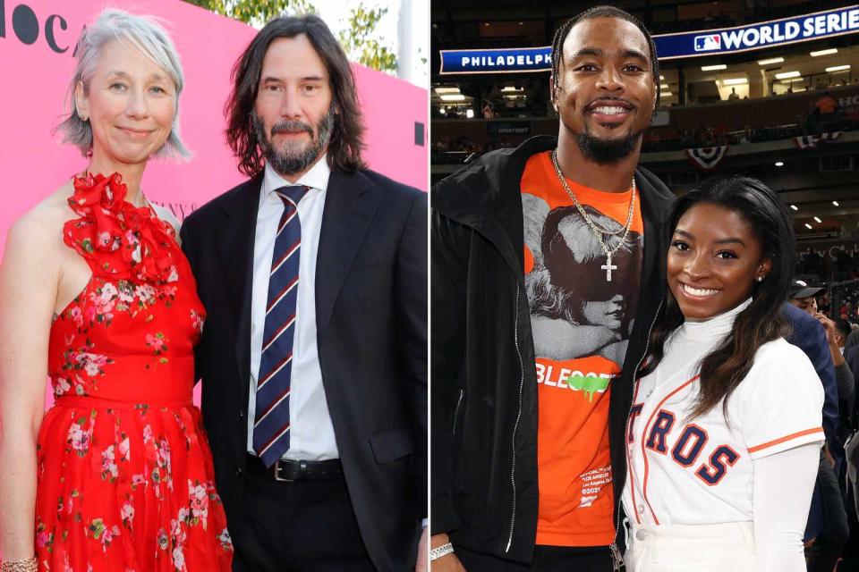 <p>River Callaway/Variety via Getty; Mary DeCicco/MLB Photos via Getty</p> Keanu Reeves and Alexandra Grant; Simone Biles and Jonathan Owens