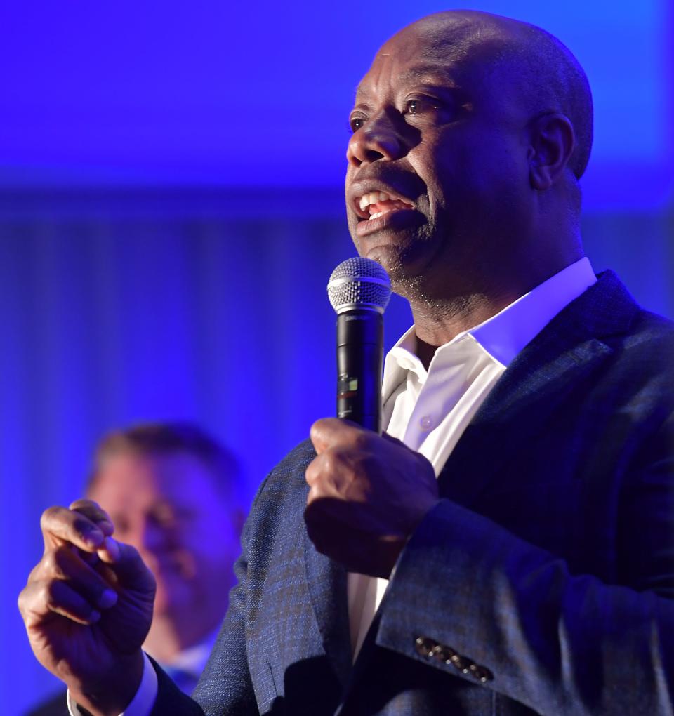 Presidential candidate U.S. Sen. Tim Scott of South Carolina campaigns at the AC Hotel Spartanburg on Monday, June 12, 2023. Here, Scott takes questions from guests and the media that came to the event. 