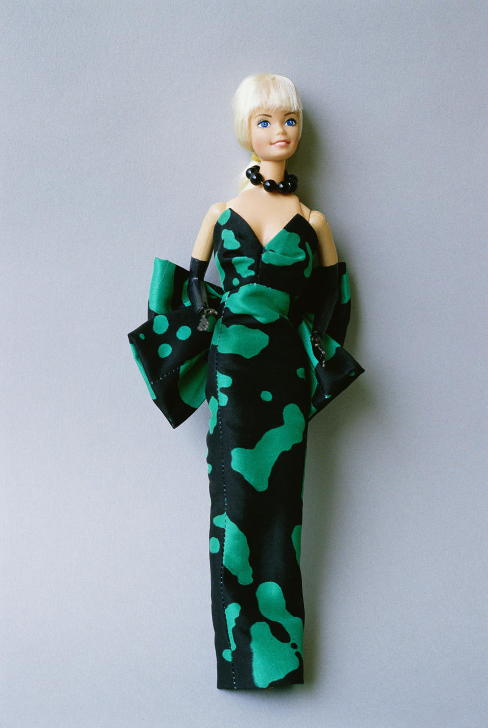 A Barbie doll from the collection of Barbie aficionado Billy Boy wears an outfit designed by Christian Dior.