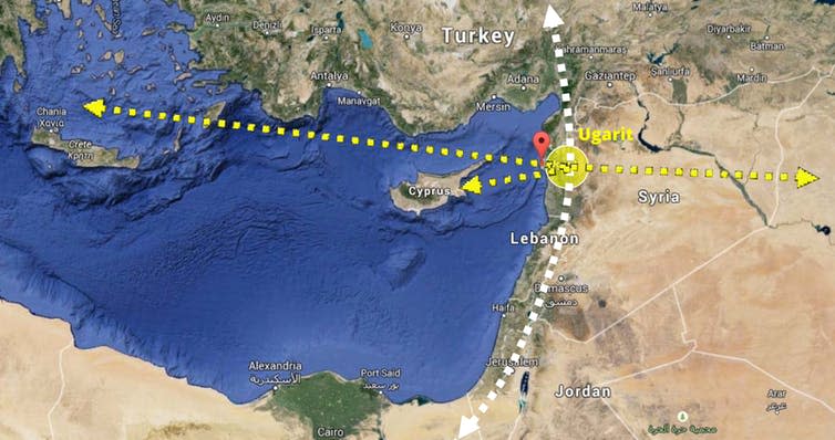 <span class="caption">Figure 1: The location of Ugarit and its historic links.</span> <span class="attribution"><span class="source">Google Map</span></span>