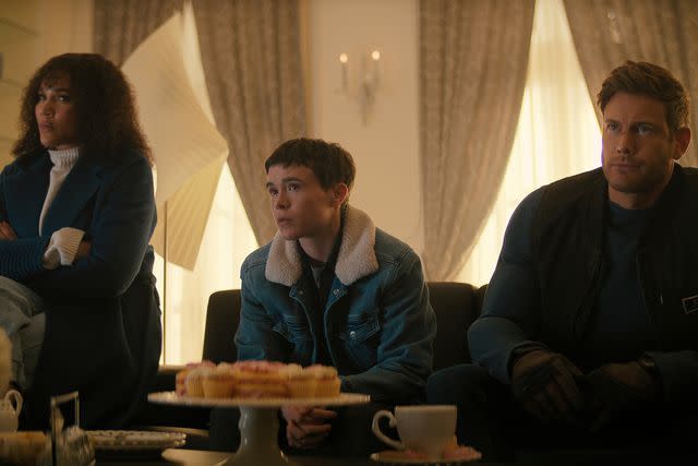 <p>Christos Kalohoridis/Netflix</p> (L to R) Emmy Raver-Lampman as Allison Hargreeves, Elliot Page as Viktor Hargreeves, Tom Hopper as Luther Hargreeves on 'The Umbrella Academy'.