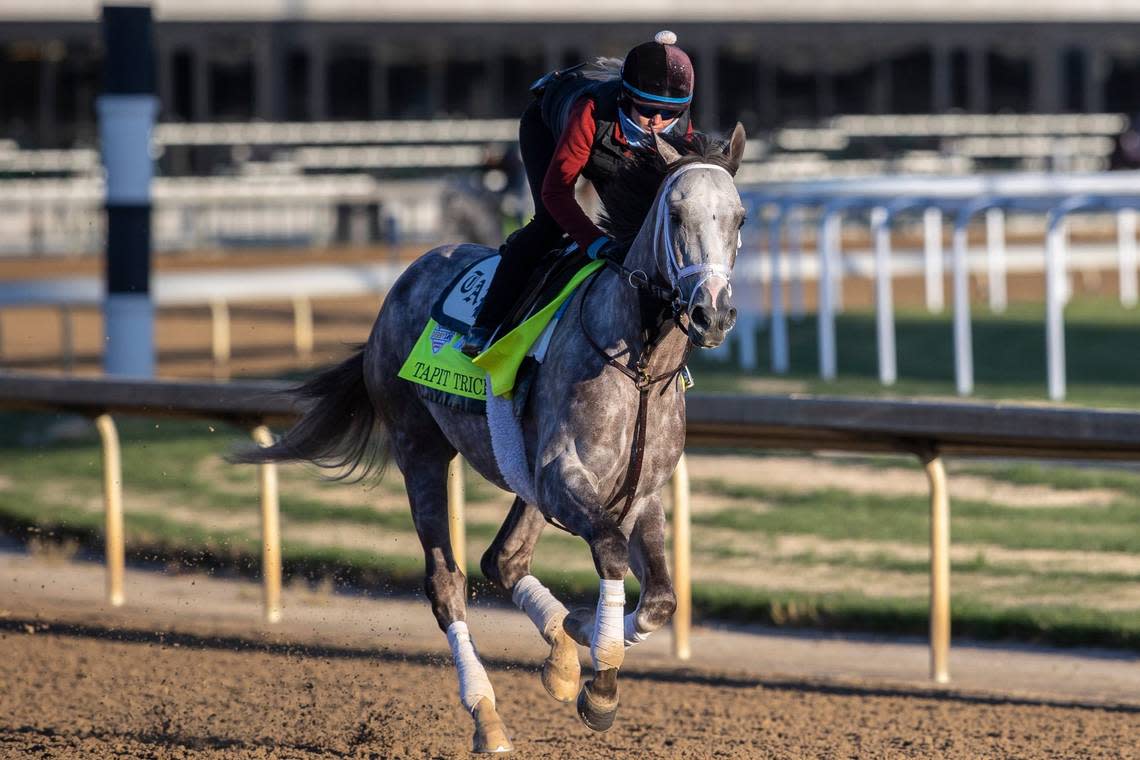 Kentucky Derby contender Tapit Trice works out at Churchill Downs on Wednesday.