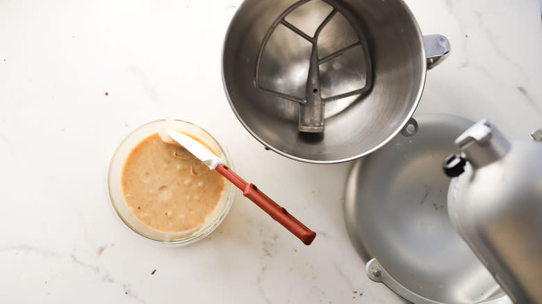 Bowl of ganache with mixer