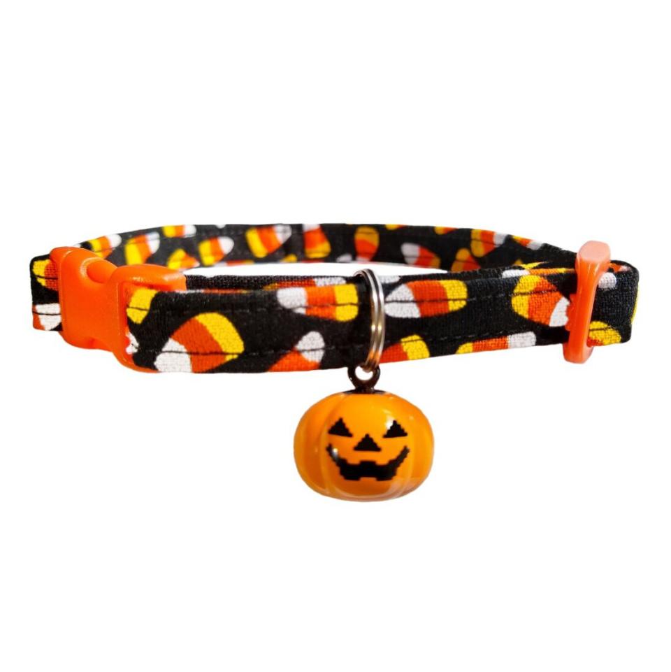 Halloween Candy Corn Cat Collar Breakaway With Jack-o'-lantern Pumpkin Bell on a white background