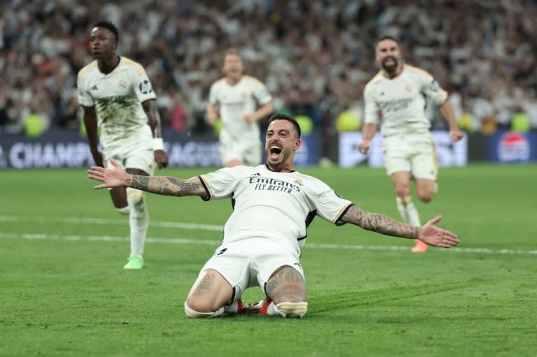 Joselu celebra su tanto final para la victoria del Real Madrid sobre el Bayern de Múnich y la clasificación a la final de la Liga de Campeones. En Madrid, el 8 de mayo de 2024 (Thomas COEX)