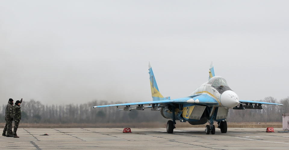 Mig-29 fighters of Ukrainian Air Force  on the a military airbase in Vasylkiv village, some 30km of Kiev. Ukraine, Wednesday, November 23, 2016. One Ukrainian soldier was killed and three others were wounded in fighting in eastern Ukraine in the past 24 hours, according to Ukrainian Defense Ministry spokesman for the so-called Anti-Terrorist Operation (ATO) issues Andriy Lysenko. (Photo by Danil Shamkin/NurPhoto via Getty Images)