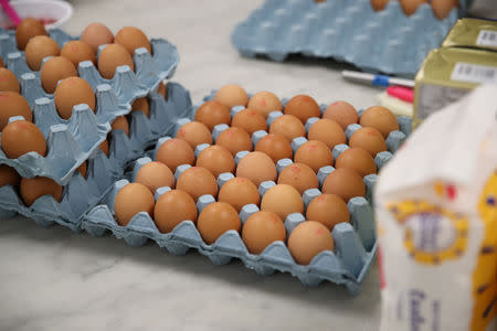 Eggs used by baker Sophie Cabot are seen in the kitchen as she prepares the red velvet and chocolate wedding cake for the marriage at Windsor Castle of Britain's Princess Eugenie and Jack Brooksbank, at Buckingham Palace in London, Britain, October 10, 2018. Chris Jackson/Pool via REUTERS