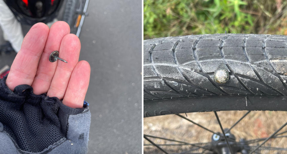 On the left, a gloved hand holds a shark tact while on the right, a screw can be seen lodged into a bicycle tyre. 