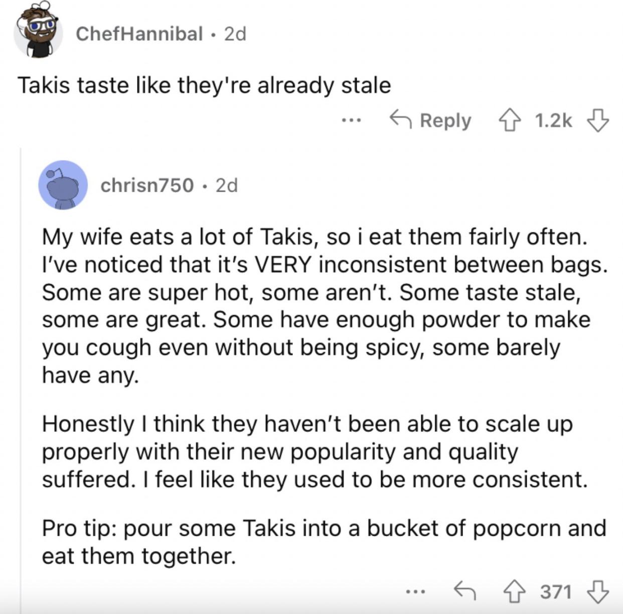 Reddit screenshot from someone who finds Takis to be gross.