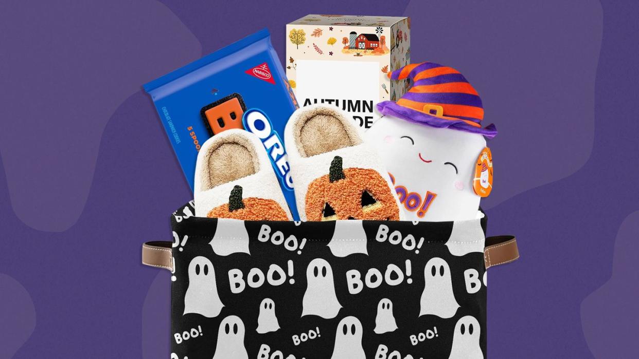 boo basket with slippers, oreos, autumn hayride candle, ghost plushie