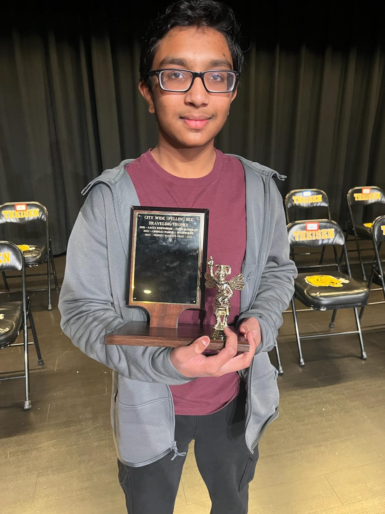 Shishir Maddineni of Theisen Middle School is the 2024 champion of the Fond du Lac citywide spelling bee.