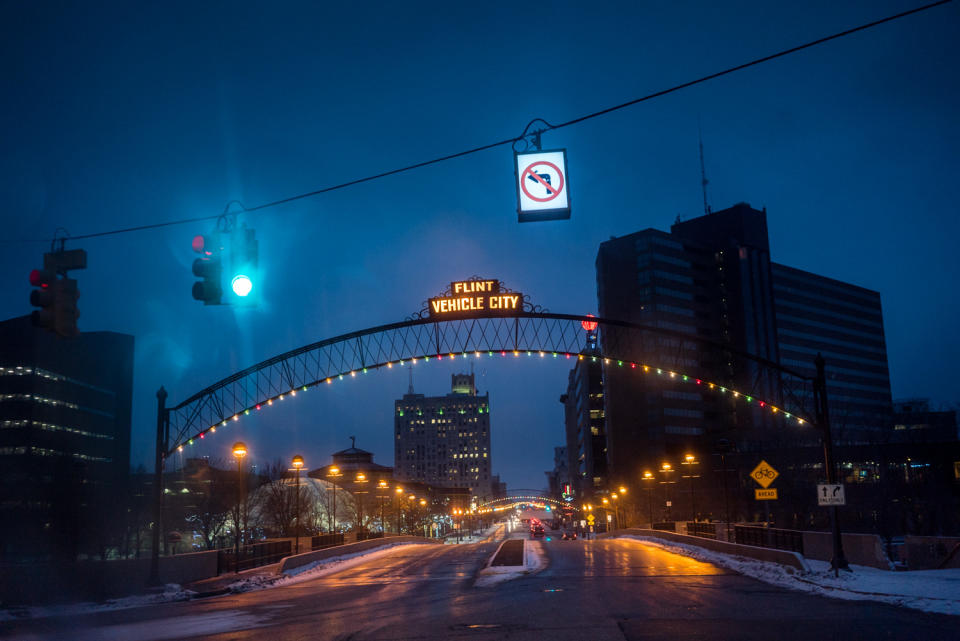 <p>The iconic Vehicle City sign hangs over the entrance to Downtown Flint. The city doesn’t make vehicles any more but the pride of being the birthplace of General Motors still permeates amongst the residents. (Photograph by Zackary Canepari) </p>