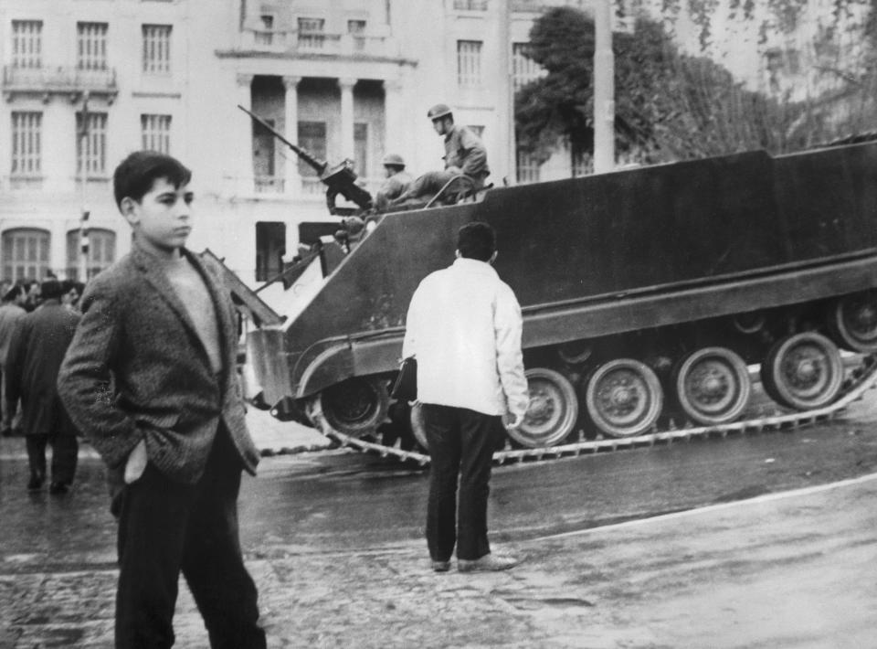 Athens, Greece- Armored vehicle patrols street here Dec. 13 after the Greek military junta announced that King Constantine's counter coup had been crushed. 