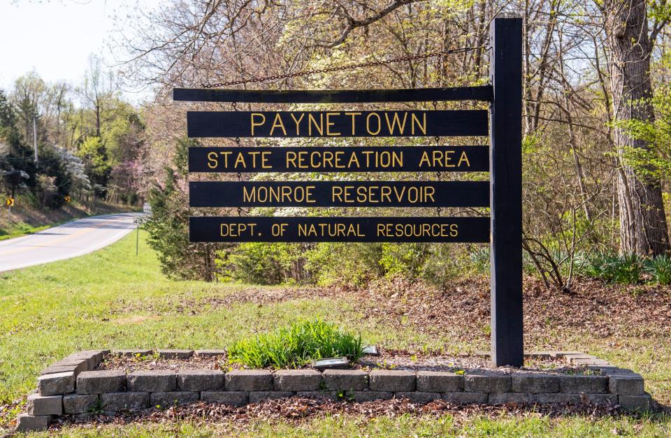 Paynetown State Recreational Area sign on Tuesday, April 18, 2023.