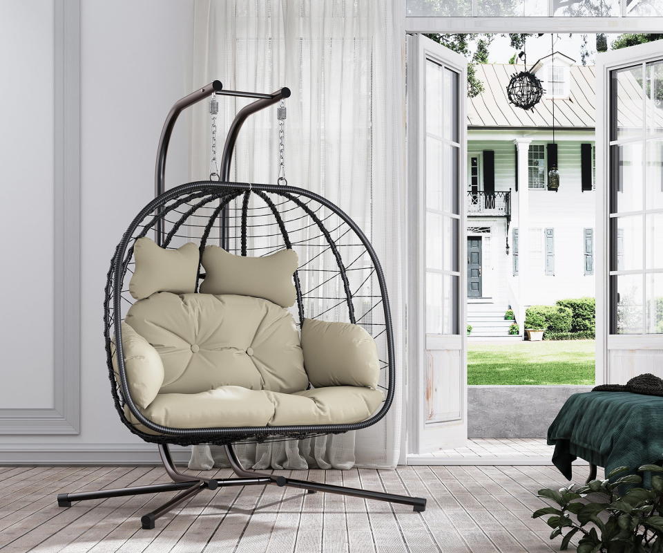 <p><a href="https://go.redirectingat.com?id=74968X1596630&url=https%3A%2F%2Fwww.walmart.com%2Fip%2FEsmlada-Double-Wicker-Swing-Egg-Chair-Hammock-Foldable-Hanging-Loveseat-Stand-UV-Resistant-Removable-Cushions-700LBS-Capacity-Bedroom-Balcony-Black-B%2F1365924582&sref=https%3A%2F%2Fwww.countryliving.com%2Fshopping%2Fg46674031%2Fwalmart-presidents-day-sale-2024-outdoor-furniture%2F" rel="nofollow noopener" target="_blank" data-ylk="slk:Shop Now;elm:context_link;itc:0;sec:content-canvas" class="link ">Shop Now</a></p><p>Double Wicker Swing Egg Chair </p><p>walmart.com</p><p>$206.99</p>