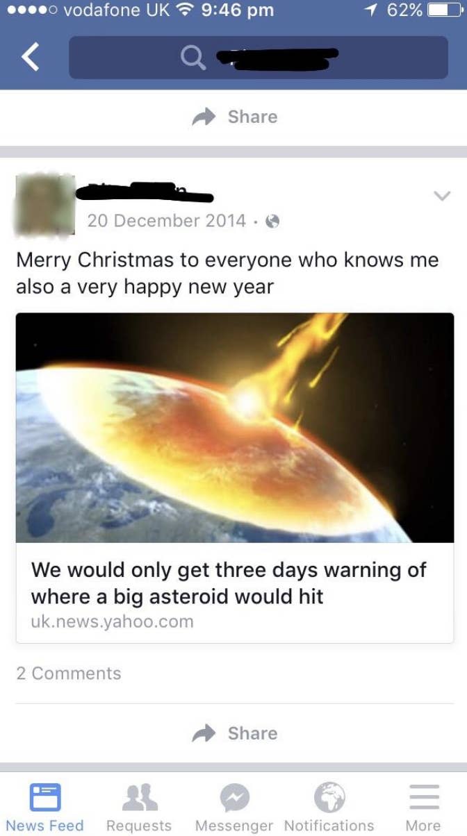 merry christmas wishes with an article shared that says we'd only get 3 days notice if an asteroid were to hit