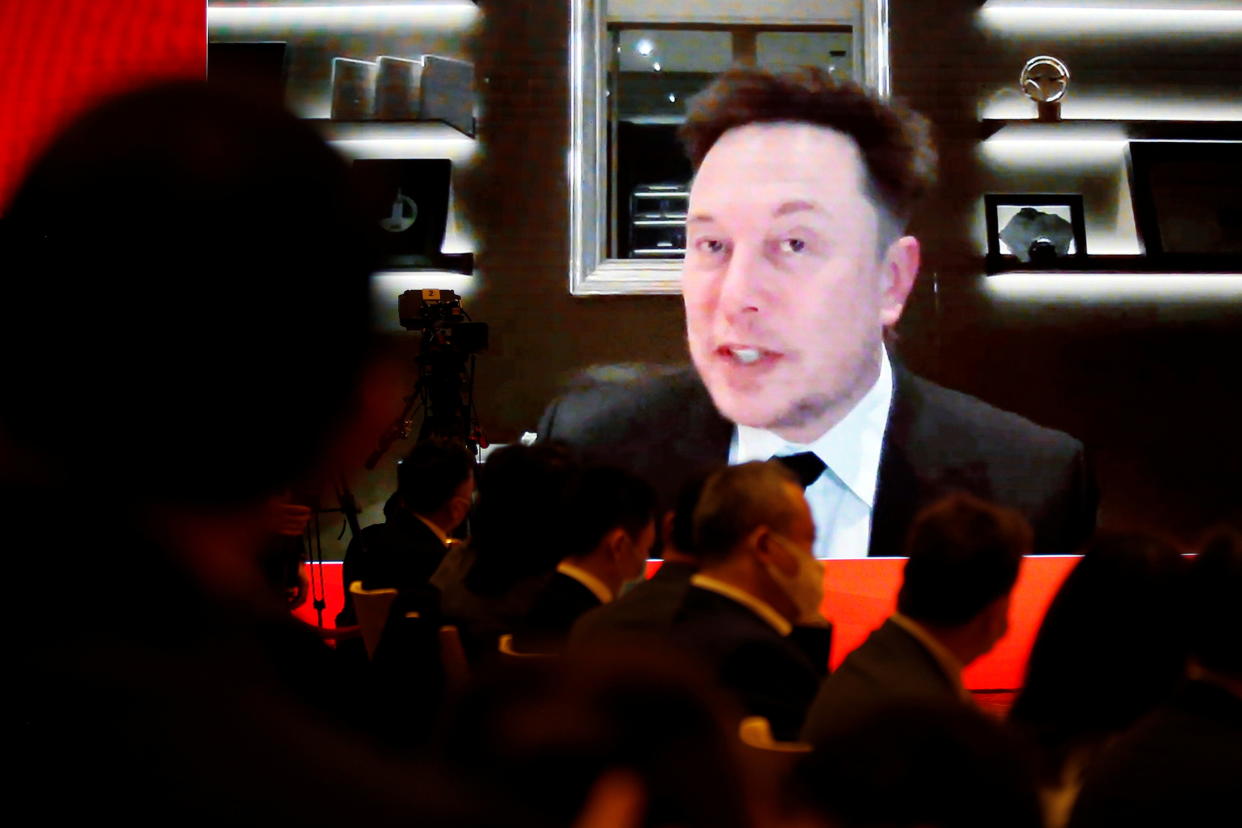 Tesla Inc Chief Executive Officer Elon Musk attends via video link a session at the China Development Forum held in Beijing, China March 20, 2021. REUTERS/Roxanne Liu