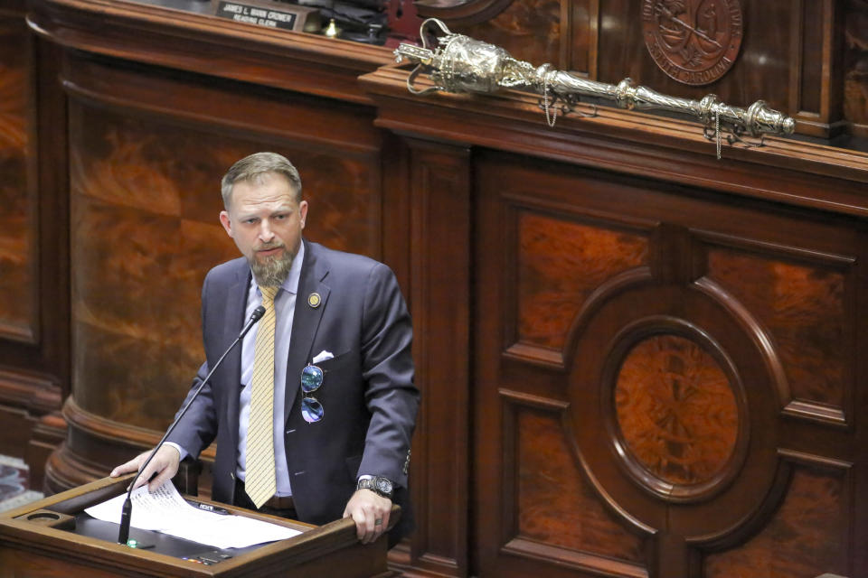  Rep. Brandon Guffey, R-Rock Hill, speaks in House chambers on Wednesday, May 8, 2024 in Columbia, S.C. (Travis Bell/STATEHOUSE CAROLINA/Special to the SC Daily Gazette)