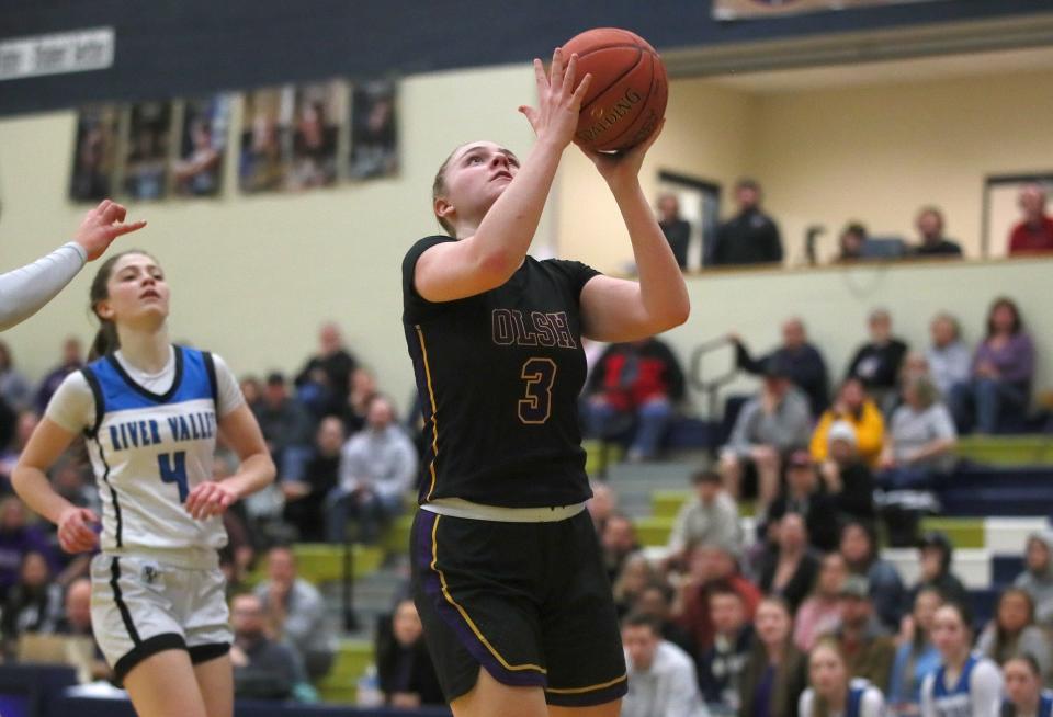 OLSH's Kara Bridge (3) goes for a layup during the first half of the PIAA 3A Semifinals game against River Valley Monday night at Kiski Area High School in Leechburg, PA.