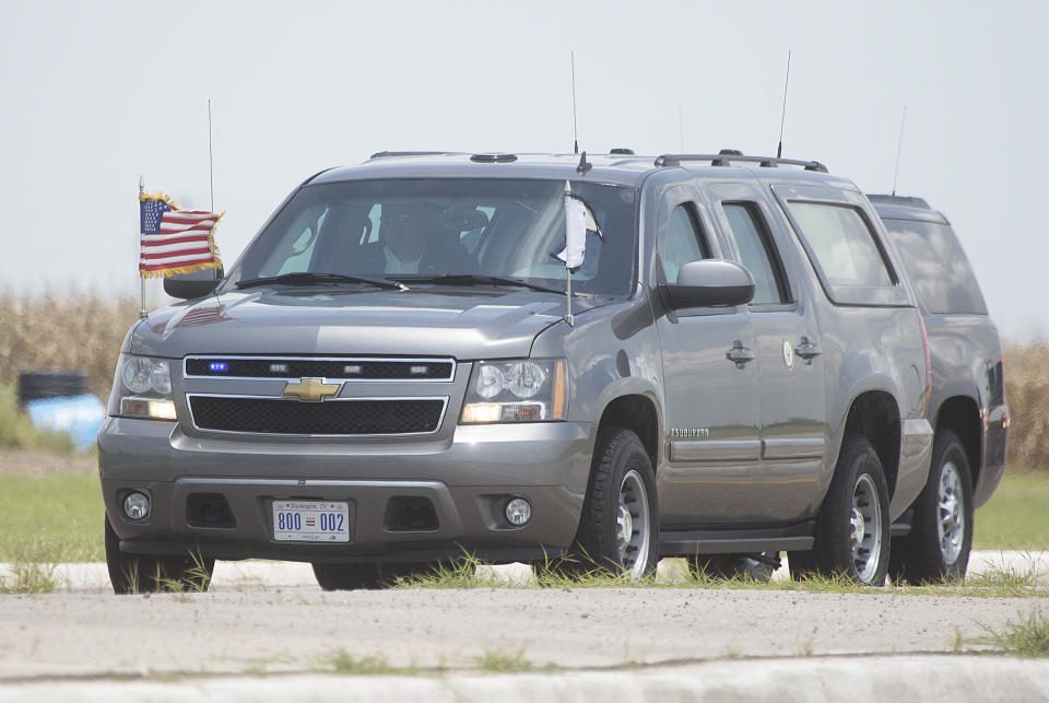 US Vice President Mike Pence's motorcade enters the migrant tent city on Friday, July 12, 2019, in Donna, Texas. (Joel Martinez/The Monitor via AP)