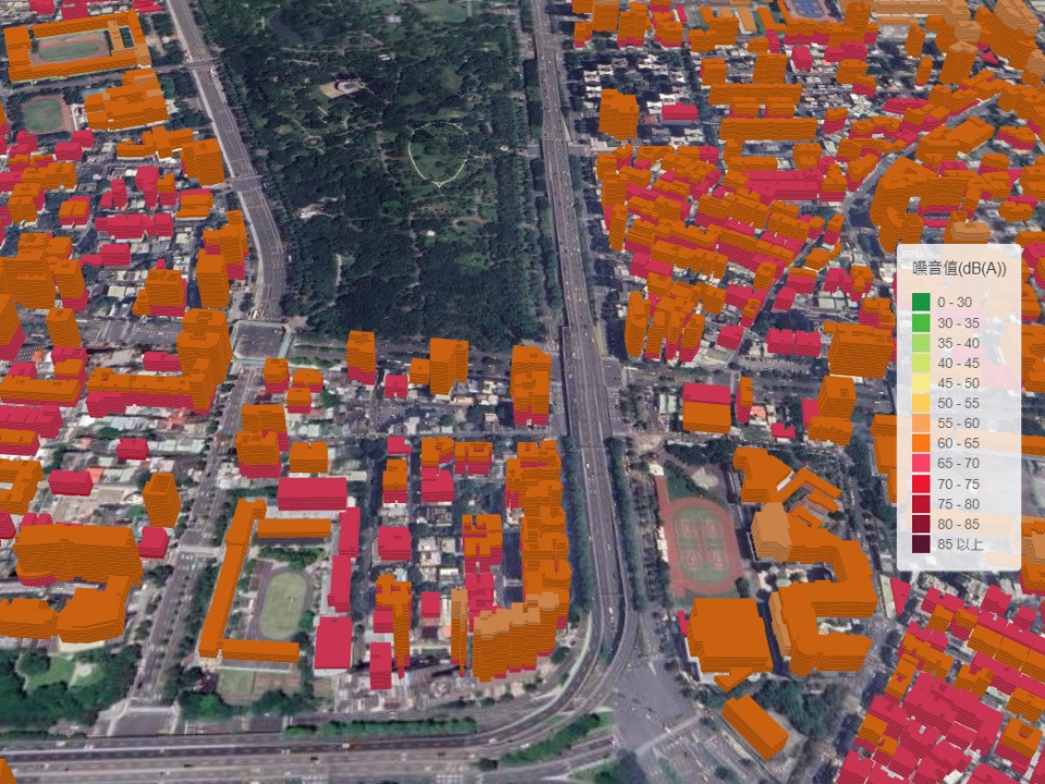 ▲中午 12 點的大安森林公園周遭，從 3D 噪音地圖可以看到每一樓層的噪音值，因低樓層靠近馬路，接收到的噪音比高樓層多。 （圖／研之有物，資料來源／中研院地理資訊科學研究專題中心）
