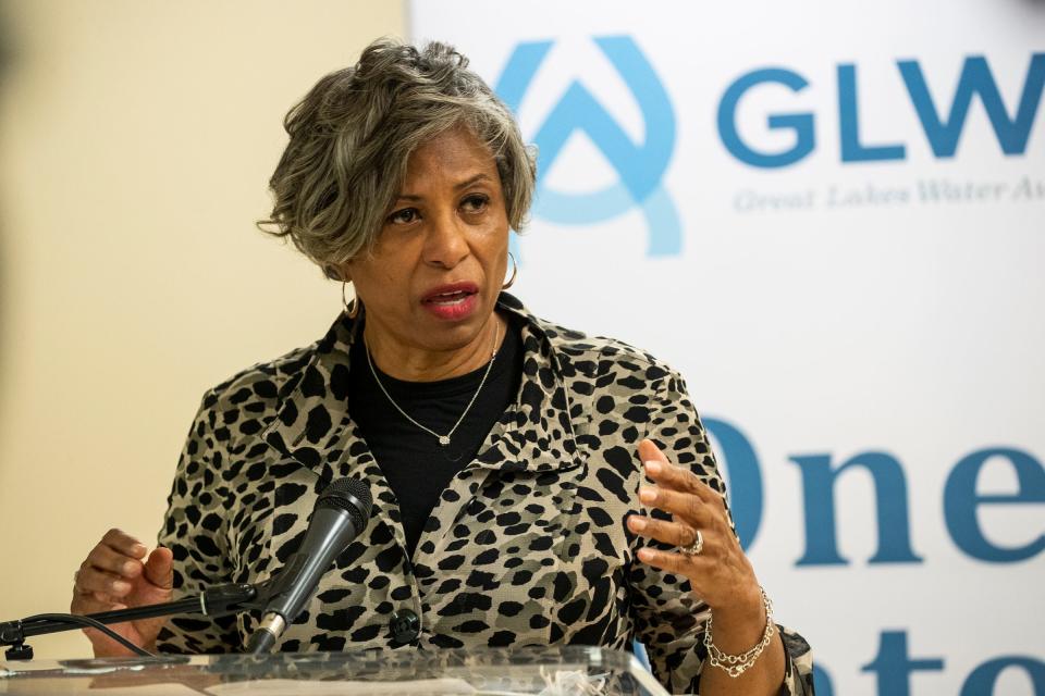 Congresswoman Brenda Lawrence speaks during a press conference at the Water Resource Recovery Facility in Detroit on July 8, 2021.