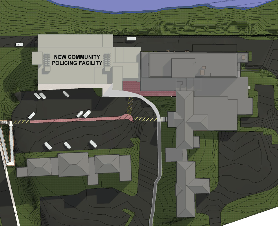 An overhead look at the proposed new Portsnouth police station building addition to the City Hall complex.