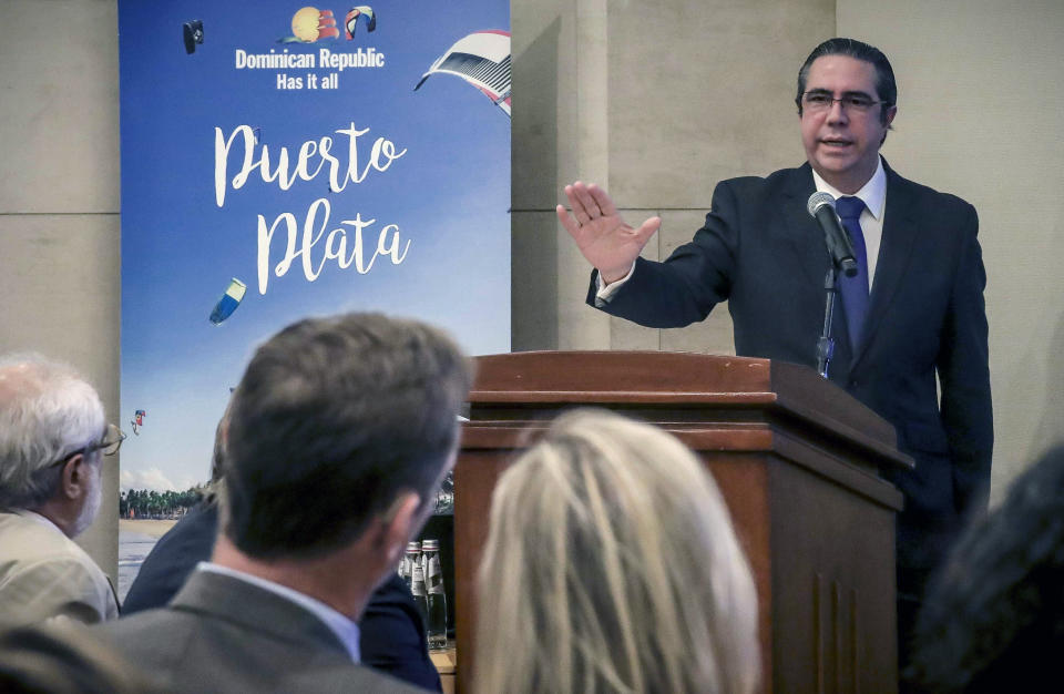 Dominican Republic Minister of Tourism Francisco Javier García discusses the official state of his country's tourism, during a press conference, Thursday Sept. 12, 2019, in New York. The Dominican Republic is a safe destination with improved security, said the island’s tourism minister on Thursday as part of a campaign to clear the image of this Caribbean nation after news of deaths of nine American tourists this year went viral. (AP Photo/Bebeto Matthews)