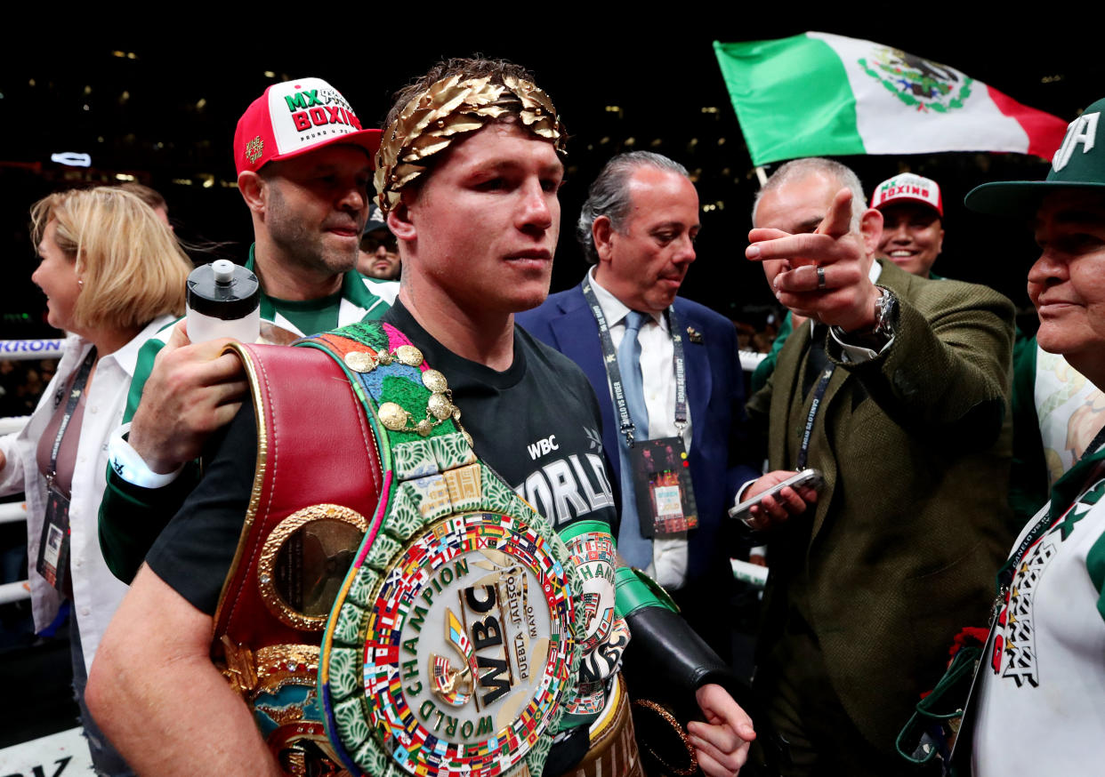 Boxing - Super Middleweight - Saul 'Canelo' Alvarez v John Ryder - Estadio Arkon, Guadalajara, Mexico - May 7, 2023 Saul 'Canelo' Alvarez celebrates after winning his fight against John Ryder Reuters/Henry Romero