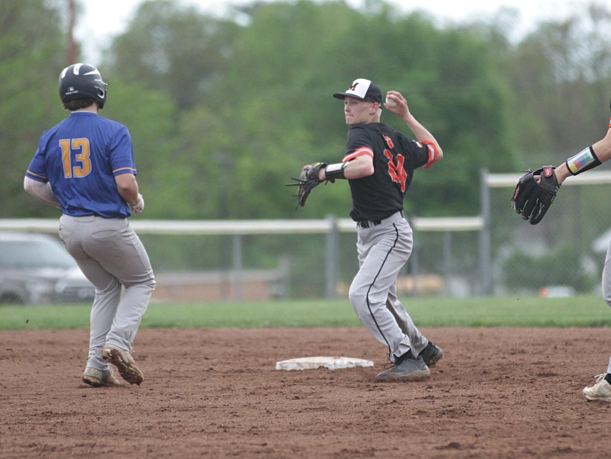 Abram Coffey of Marcellus fires over to first base in an attempt for a double play on Monday.
