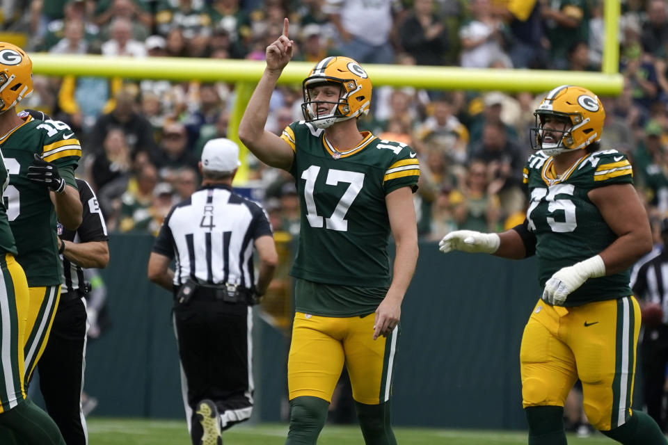 Green Bay Packers place-kicker Anders Carlson (17) celebrates after kicking a 57-yard field goal in the first half of a preseason NFL football game against the Seattle Seahawks, Saturday, Aug. 26, 2023, in Green Bay, Wis. (AP Photo/Kiichiro Sato)