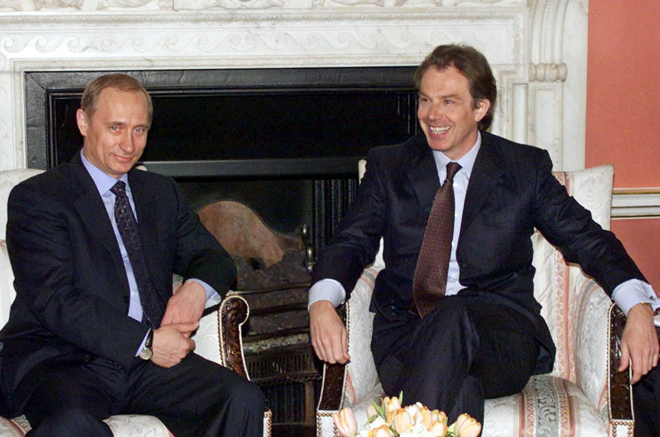 Russia`s newly-elected president Vladimir Putin sits down for talks at 10, Downing Street, London, with Tony Blair, the British Prime Minister. Putin is on a brief visit to Britain and is to meet the Queen and government officials.   (Photo by PA Images via Getty Images)