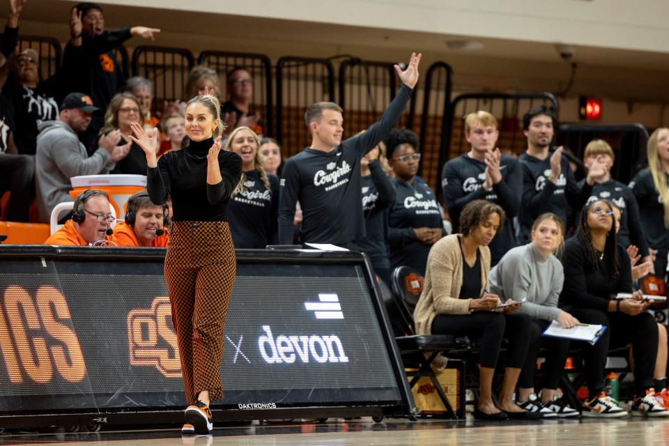 Oklahoma State coach Jacie Hoyt stands on the baseline during the fourth quarter of Tuesday's exhibition game against Oklahoma Christian at Gallagher-Iba Arena in Stillwater.