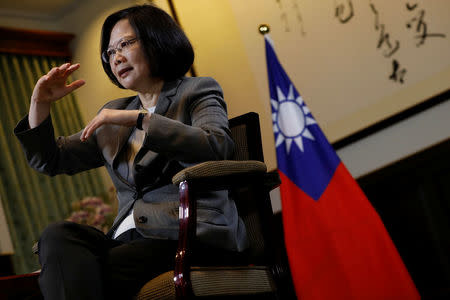 Taiwan President Tsai Ing-wen reacts during an interview with Reuters at the Presidential Office in Taipei, Taiwan April 27, 2017. REUTERS/Tyrone Siu