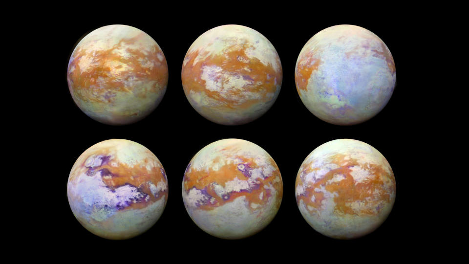 a composite of six views of titan showing a peculiar moon with red orange surface with some blue white and purple.   , the moon’s equatorial dune fields appear a consistent brown colour, while bluish and purple hues may indicate materials enriched in water ice.
